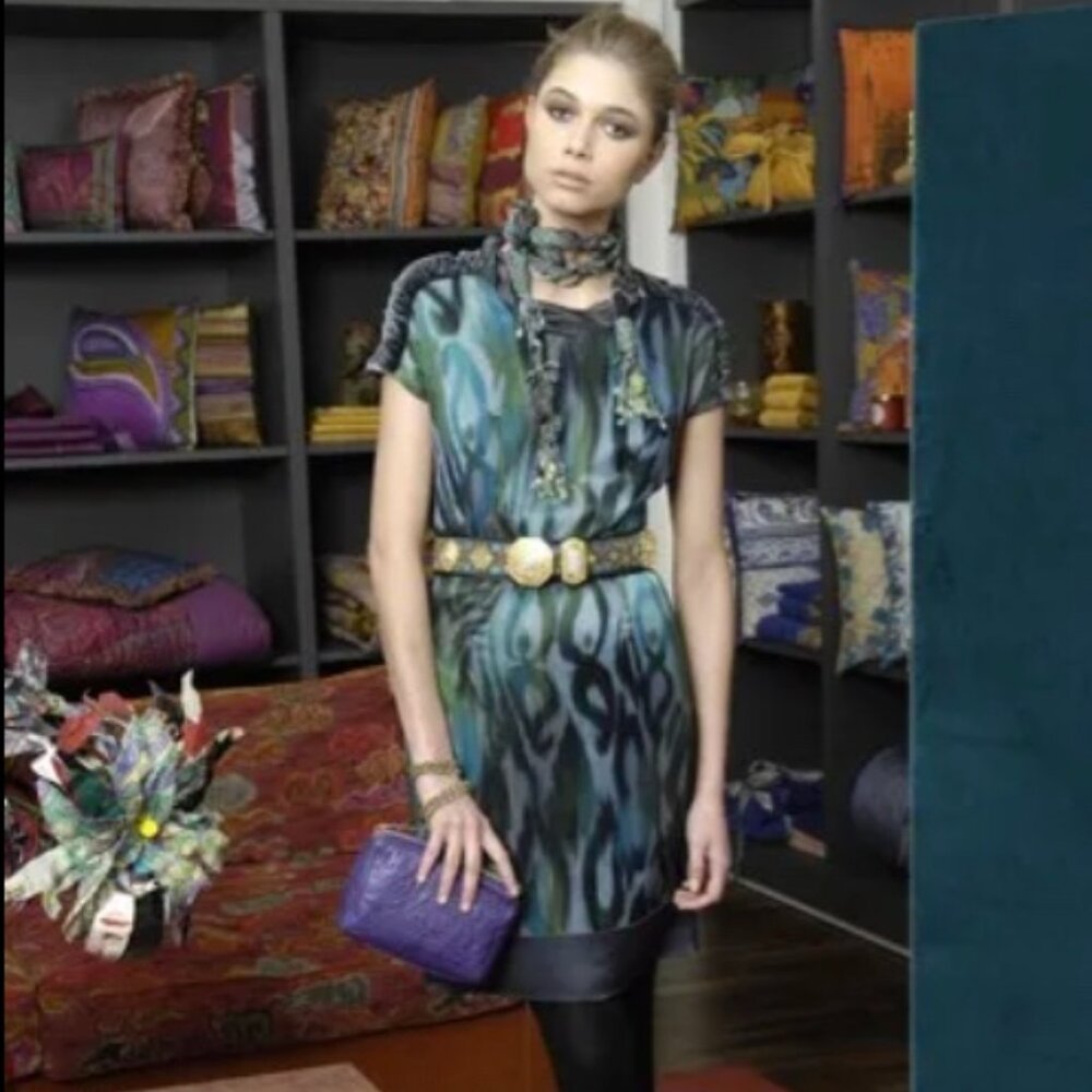 ETRO Silk Dress with a vibrant blue/green pattern and Velvet Trim, Sz 42